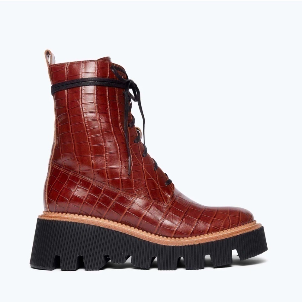 Freda Salvador Billie Platform Combat Boot in Brick Red Embossed Croc. SOLD OUT